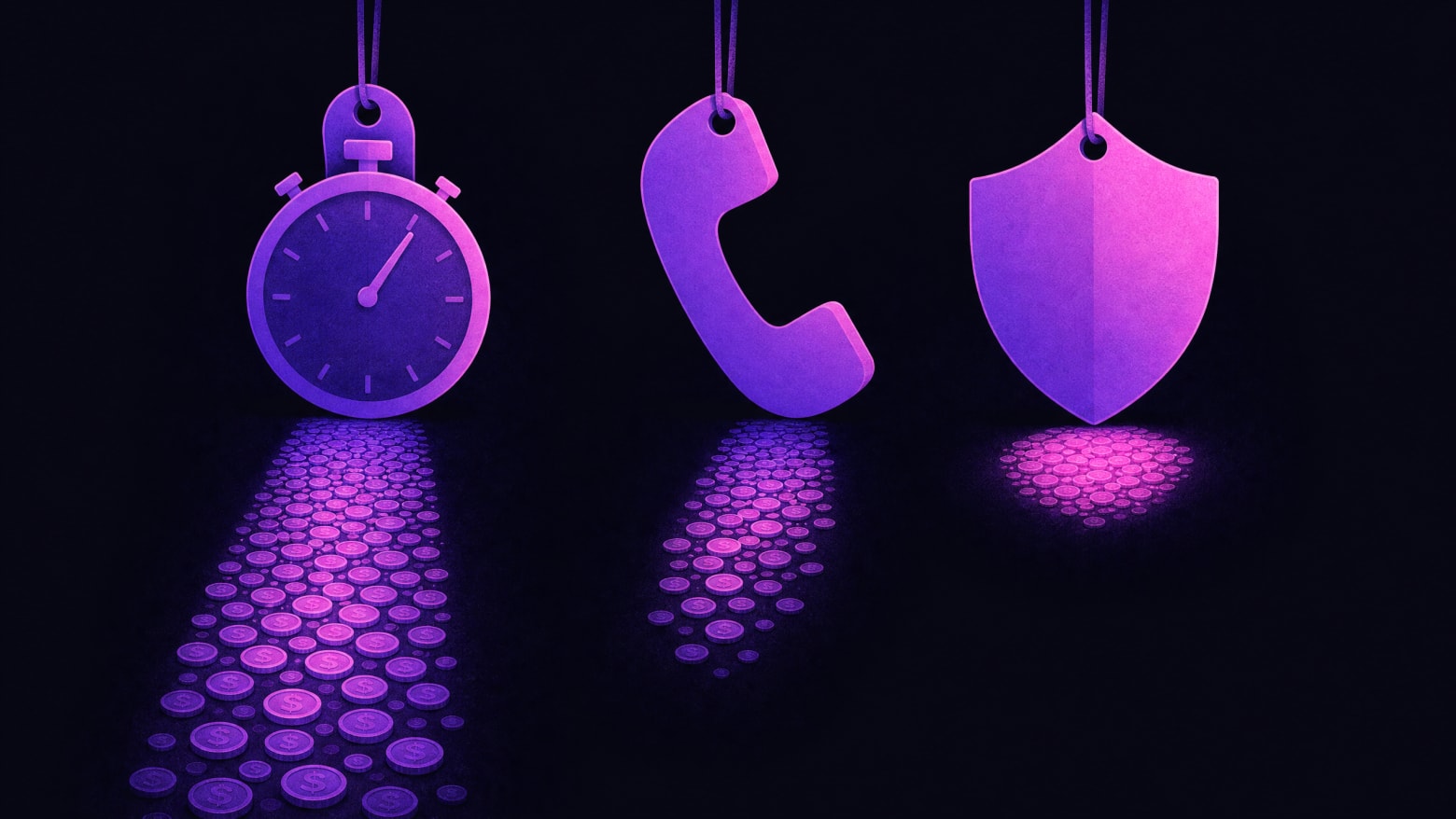 Three stylized price-tag shapes hanging side by side — a stopwatch representing per-minute pricing, a telephone handset representing per-call pricing, and a shield representing flat-rate pricing — each casting a different-length shadow made of glowing coins, illustrating the true cost differences between AI receptionist pricing models.