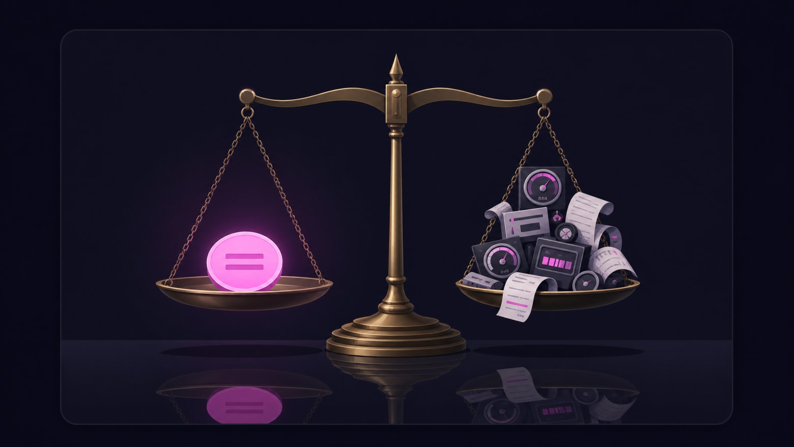 A balanced brass scale on a dark reflective surface — one pan holding a single glowing flat coin representing flat-rate simplicity, the other pan holding a chaotic stack of meters, gauges, and receipts representing stacked per-minute fees — illustrating the pricing philosophy difference between transparent and opaque AI receptionist billing.