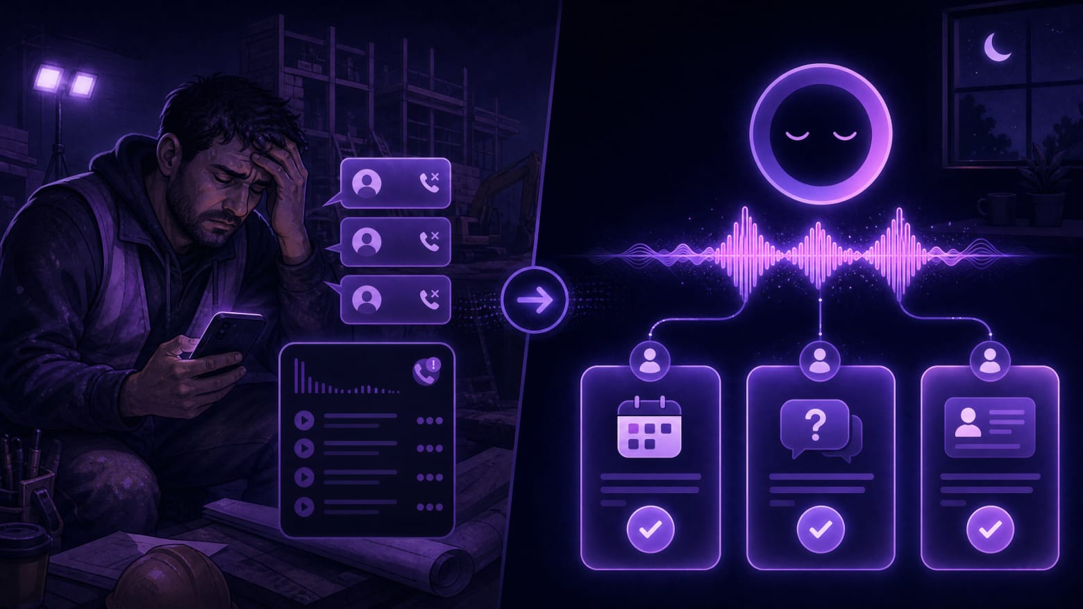 Split-screen illustration: a stressed small business owner on a job site missing three simultaneous calls on the left, and an AI voice agent answering all three at 3 a.m. with appointment booked, question answered, and lead captured confirmations on the right — showing the core value proposition of an AI receptionist.