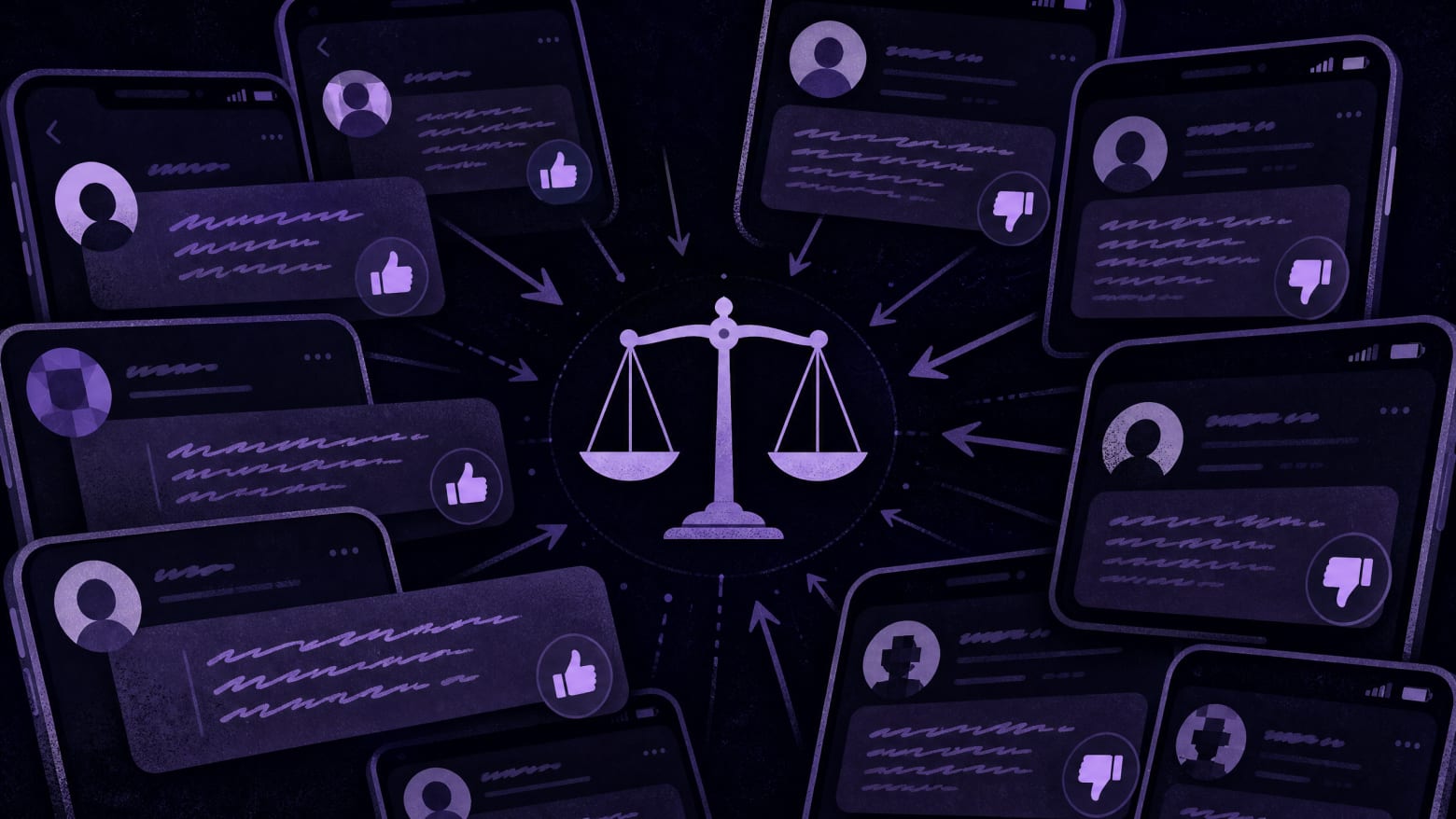 A collage of overlapping smartphone screens displaying anonymous forum comment bubbles — some positive, some negative — all converging toward a balanced scale at the center, representing synthesized community sentiment on AI receptionists from real small business owners.