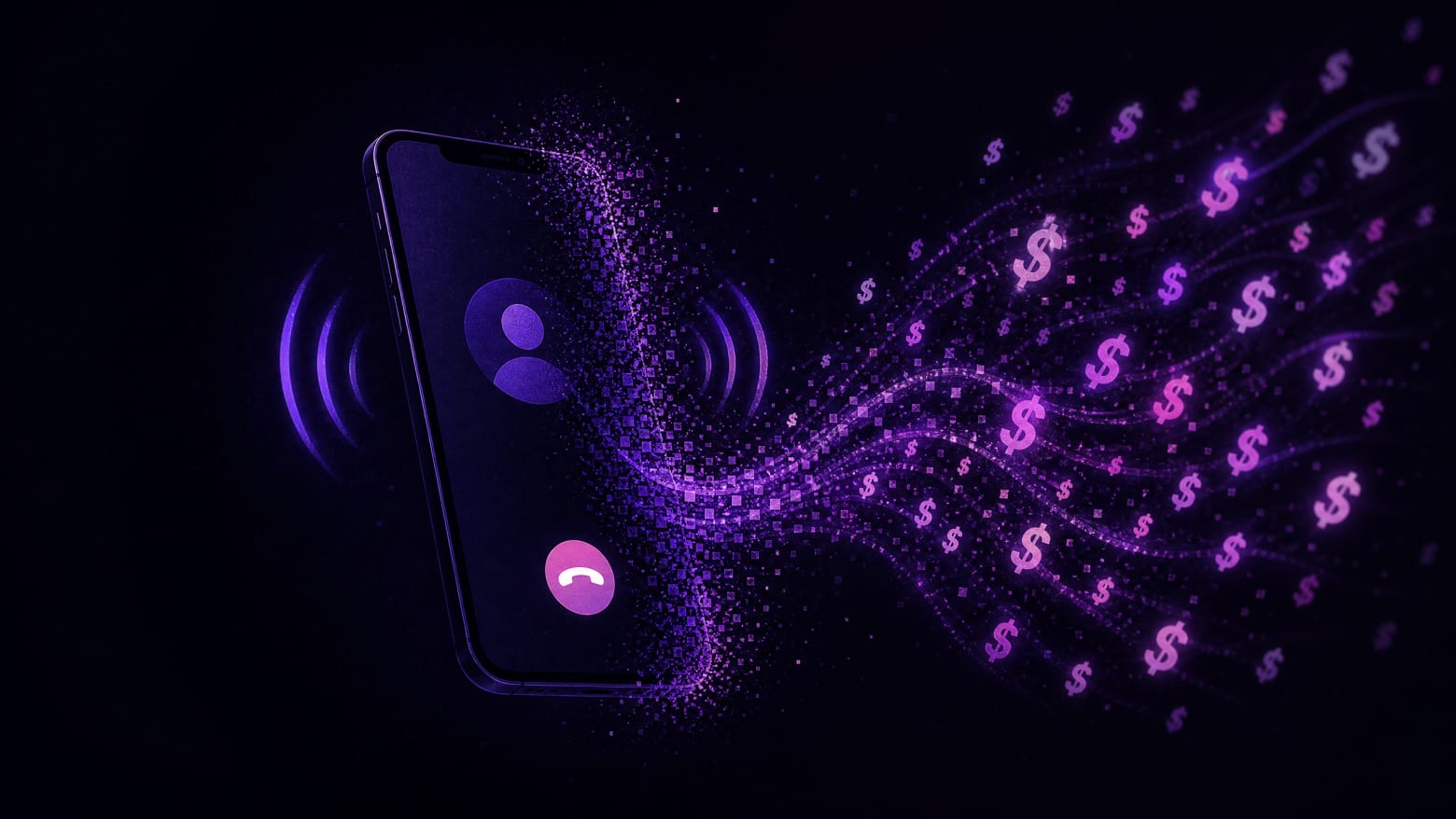 An unanswered ringing smartphone dissolving into glowing data streams that transform into dollar-sign light fragments drifting away — a visual metaphor for the revenue lost every time a small business misses a call.