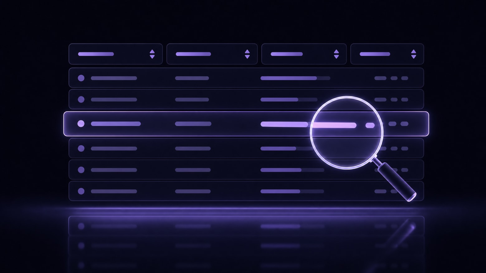 An abstract glowing data table with floating rows, column headers, and a magnifying glass highlighting one row — representing the master reference table of missed-call statistics compiled from industry research.