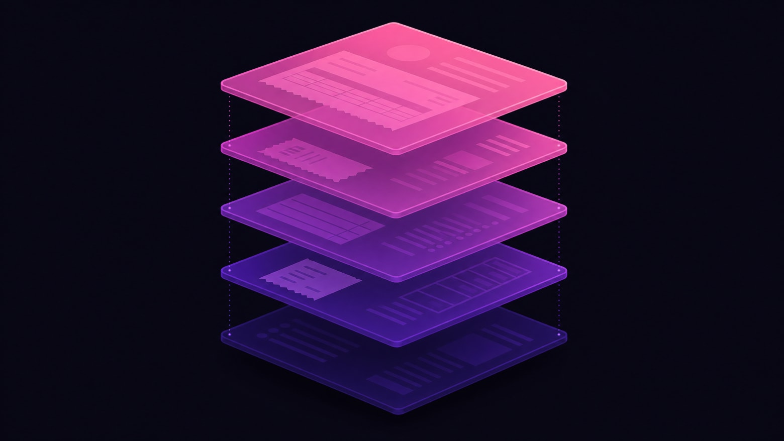 An exploded-stack diagram showing five translucent horizontal layers floating above each other, shading from deep purple at the bottom to bright pink at the top, with subtle invoice and receipt motifs beneath each layer — illustrating how per-minute AI answering costs stack across engine, LLM, telephony, platform, and add-on fee layers.