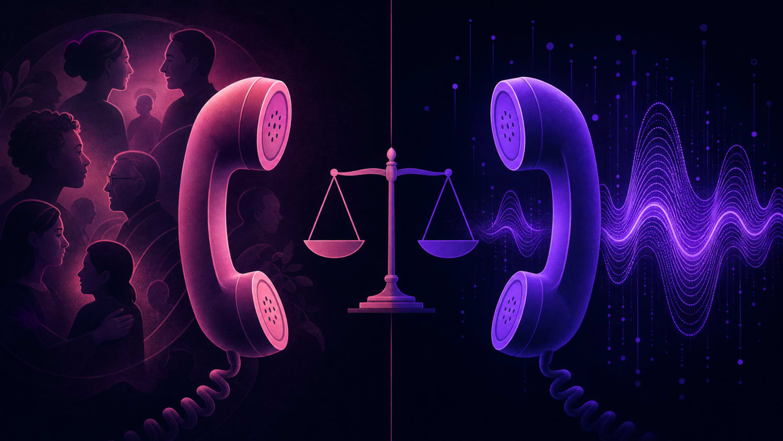 Two telephone handsets facing each other across a dividing line — the left surrounded by warm human silhouettes in soft pink light representing live answering services, the right by a glowing AI waveform in purple representing AI answering — with a balanced scale between them, illustrating the per-minute vs. flat-rate AI answering comparison.