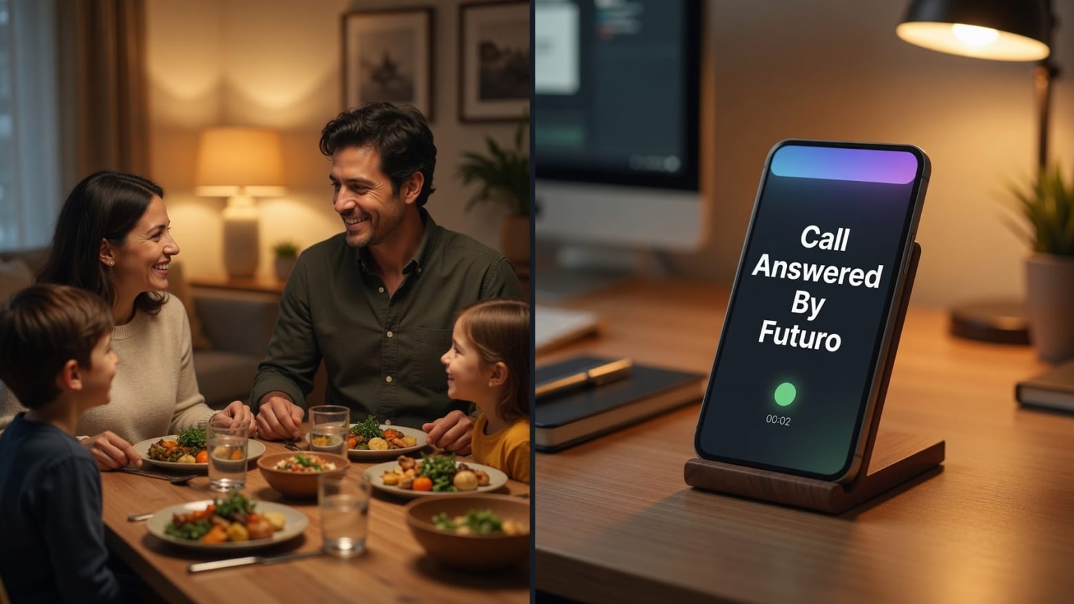 Split-screen: a real estate agent relaxed at family dinner while a smartphone shows an AI assistant handling a call with a property listing.