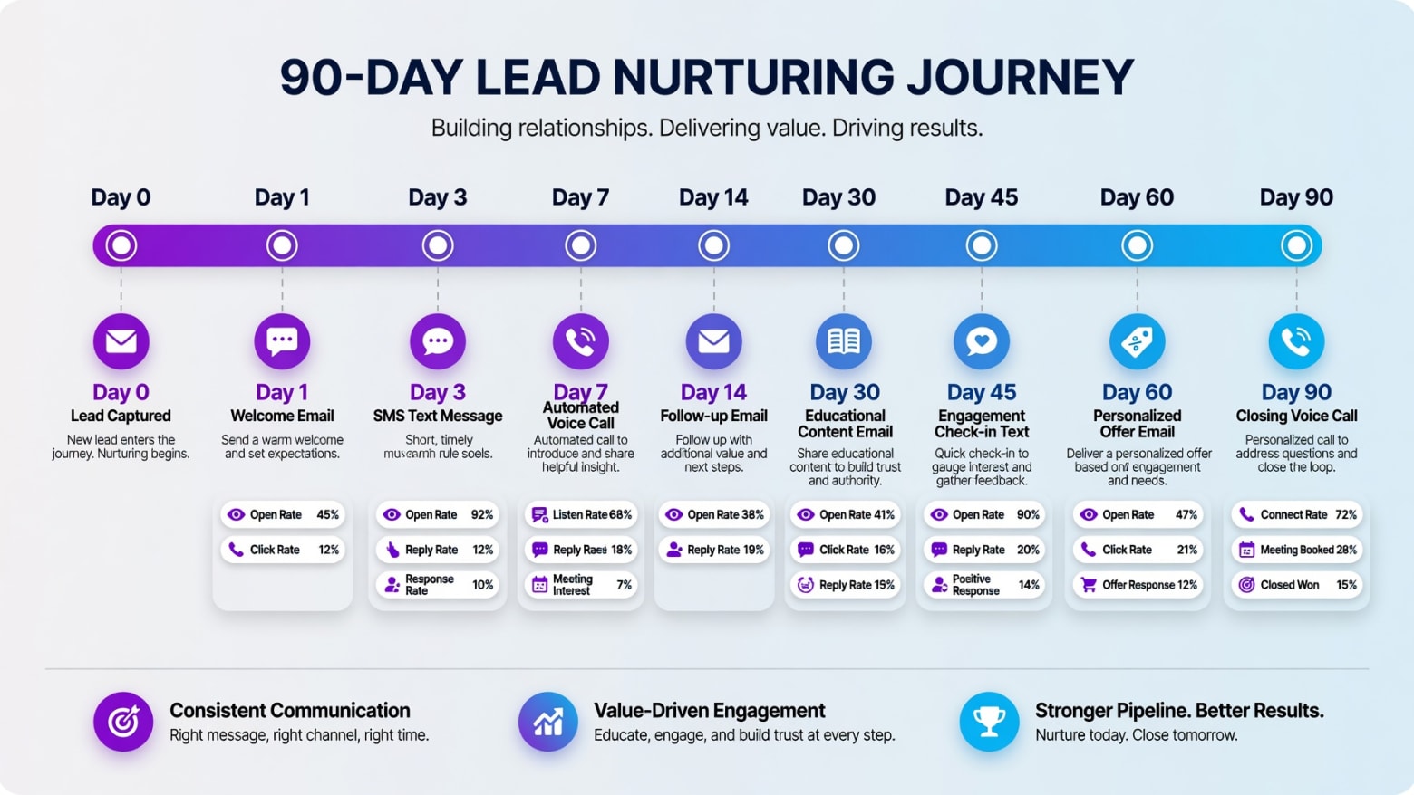 A timeline of a 90-day lead-nurturing journey with automated text, email, and voice touchpoints.