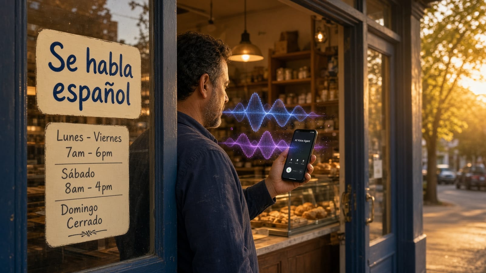 A small storefront with a Se habla español sign while an AI answering service takes an incoming call