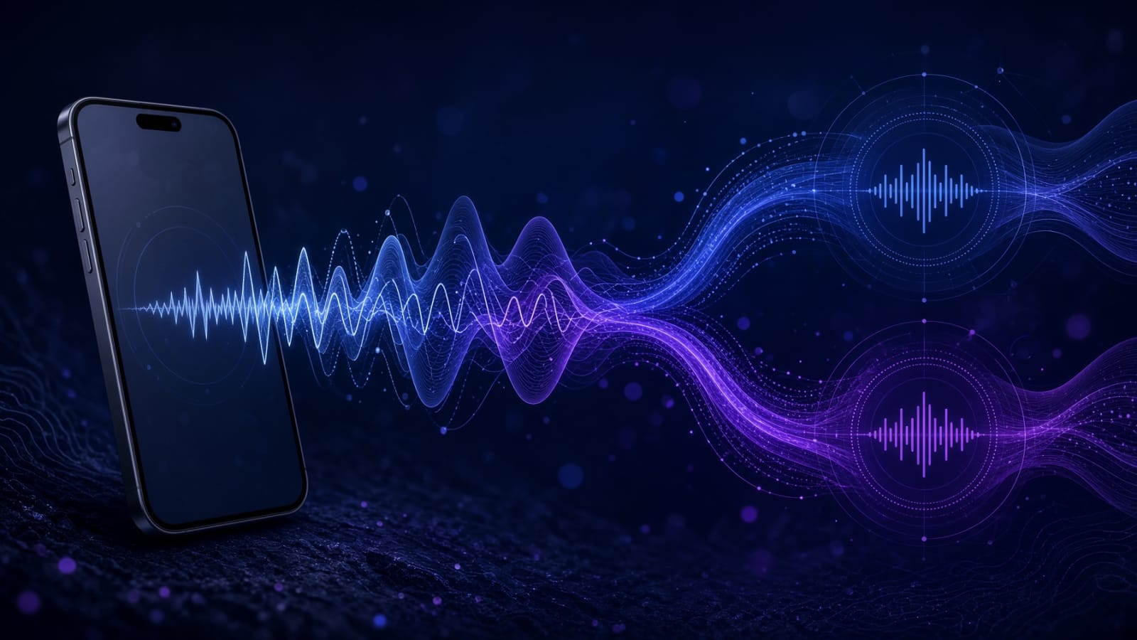 A voice waveform splitting into two colored language streams as AI detects the caller's language
