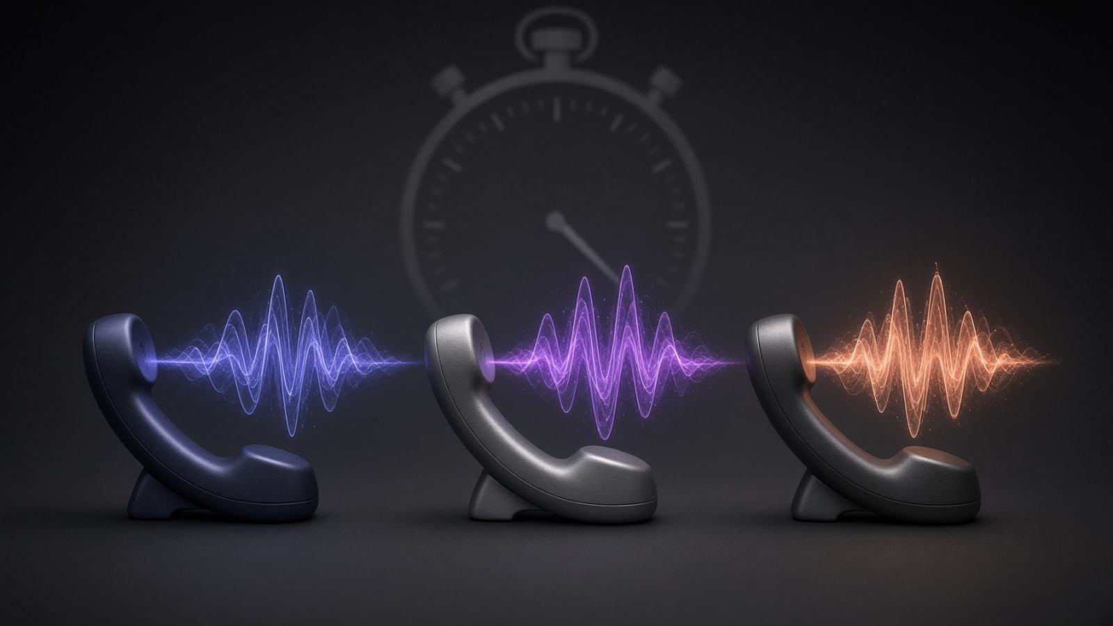 Three telephone handsets in a blind listening test, each emitting a different coloured voice waveform