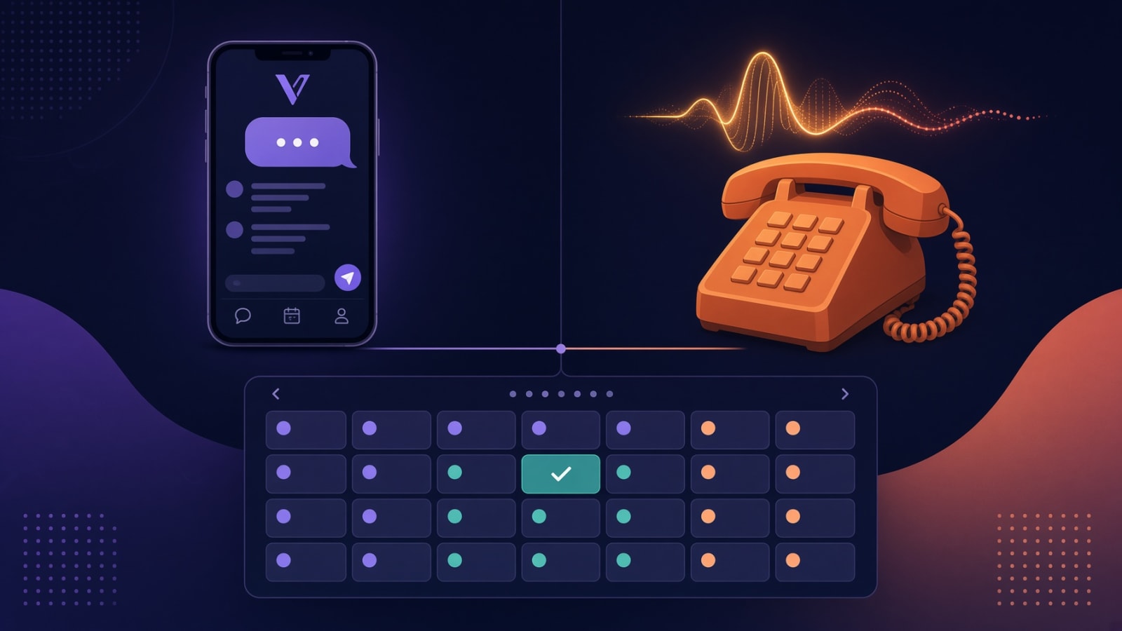 A split screen comparing an in-app booking chat with a phone-based AI receptionist, both feeding one calendar