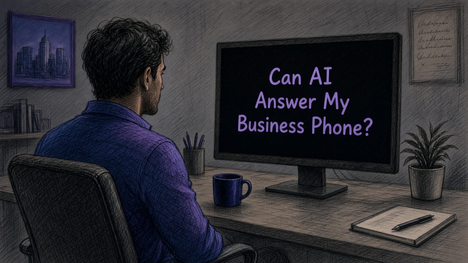 Illustration of a small business owner at his desk looking at a monitor that reads: Can AI Answer My Business Phone?