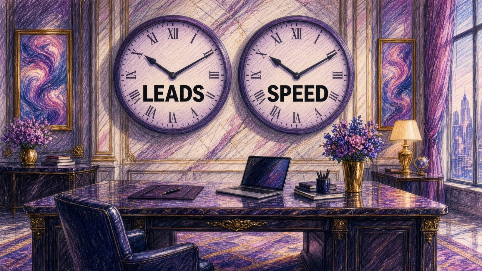 Illustration of an office with two large wall clocks labeled LEADS and SPEED hanging above a desk