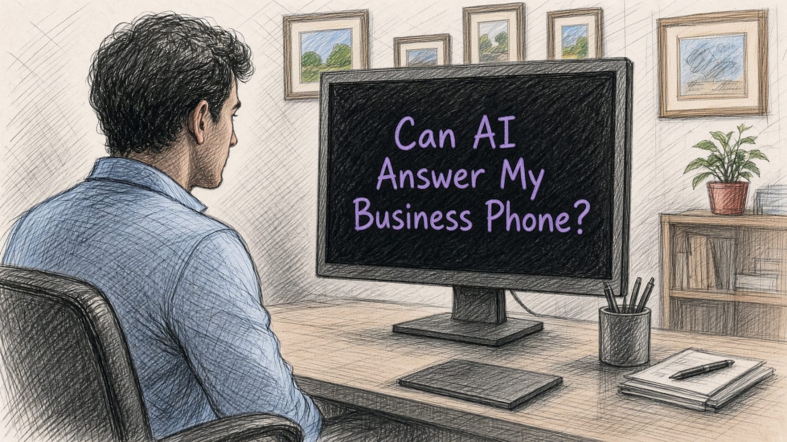 Sketch-style illustration of a man at his desk looking at a monitor that reads: Can AI Answer My Business Phone?
