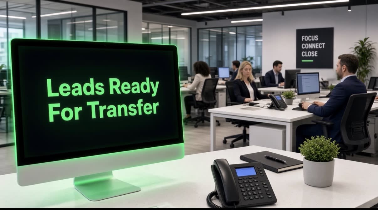 A computer monitor on an office desk glowing green with the words Leads Ready For Transfer, a desk phone in the foreground and a sales team working in the background