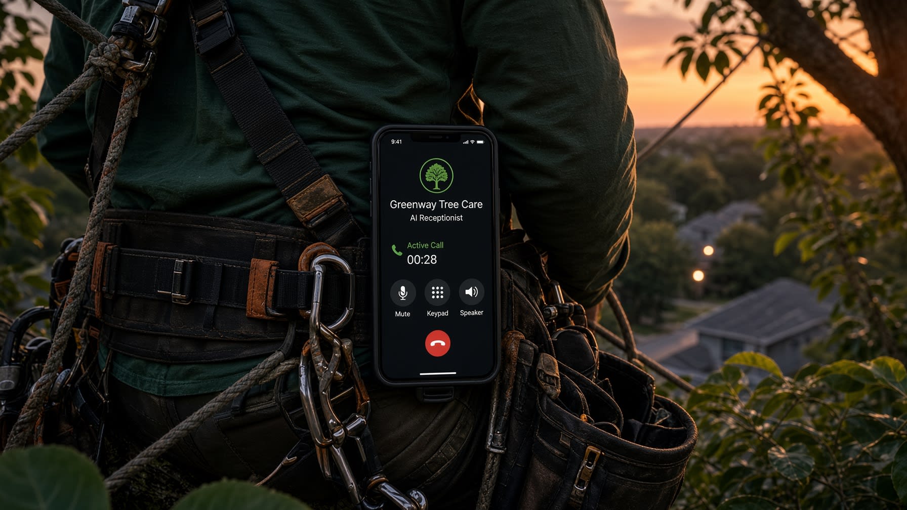 A tree climber in harness and ropes high in a tree at dusk while the AI receptionist answers an incoming call on his phone