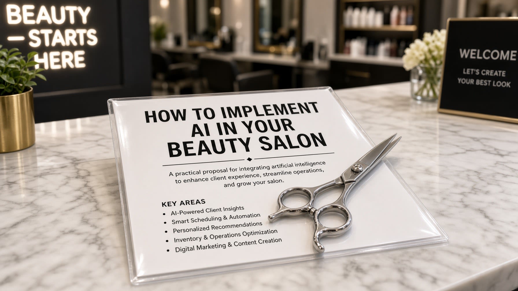 A printed proposal titled “How to Implement AI in Your Beauty Salon,” listing smart scheduling and automation among its key areas, in a clear acrylic holder with silver hair shears resting on it, on a white marble salon reception counter with styling stations blurred behind