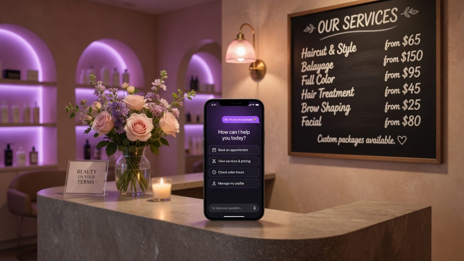 Modern beauty salon reception desk with a smartphone showing an AI receptionist booking an appointment for a client