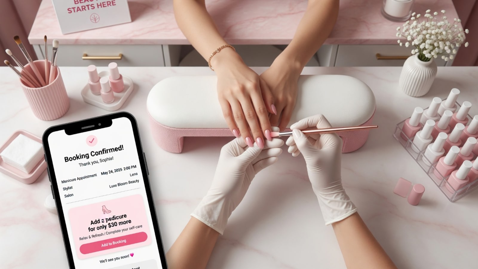 Overhead view of a manicure station where the AI receptionist has just confirmed a booking and offered a $30 add-on pedicure