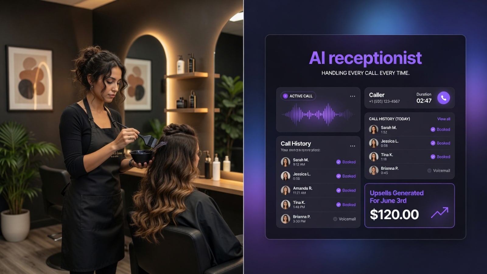 Salon owner focused on a client's hair while an AI dashboard handles multiple customer calls and SMS conversations in parallel