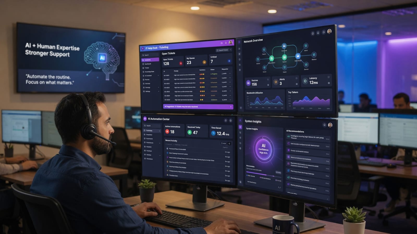 Modern IT help desk environment with monitors showing ticketing dashboards and an AI assistant handling incoming support requests