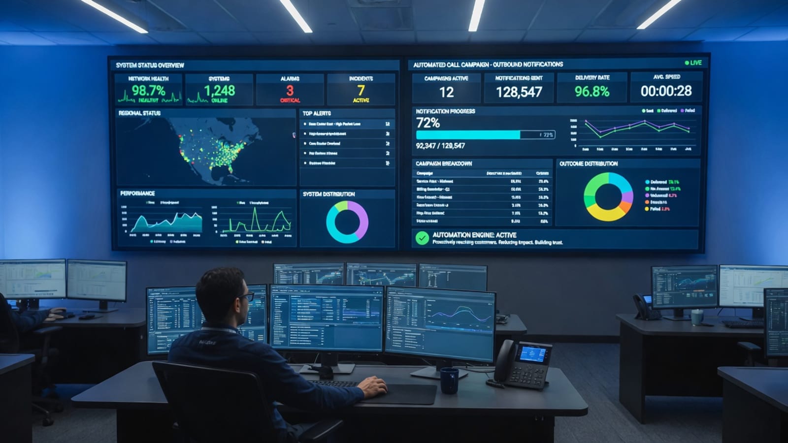 Network operations center with large screens showing system status dashboards and automated outbound notification progress