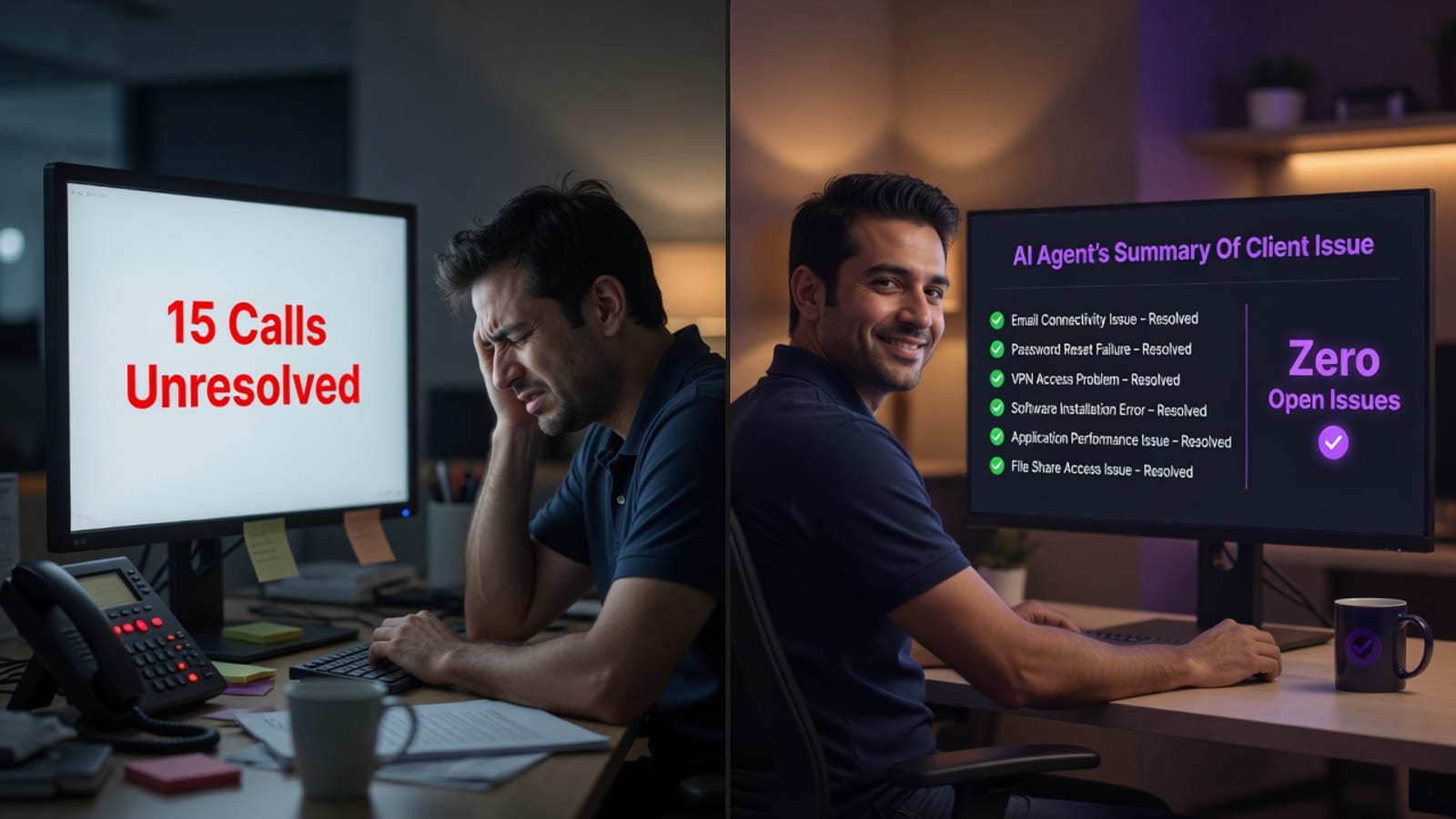 Split-screen showing an IT technician reviewing a detailed AI handoff summary on the left while an employee receives friendly phone support on the right
