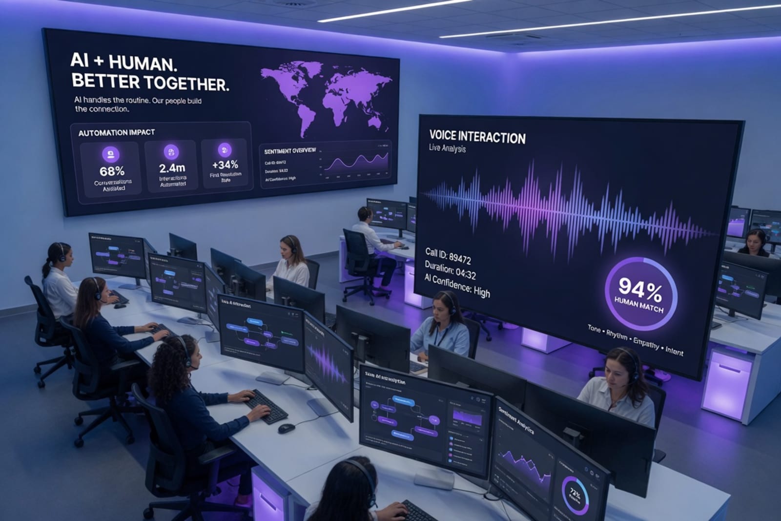 Customer service operations center with AI agent dashboards monitoring live conversations and voice waveforms
