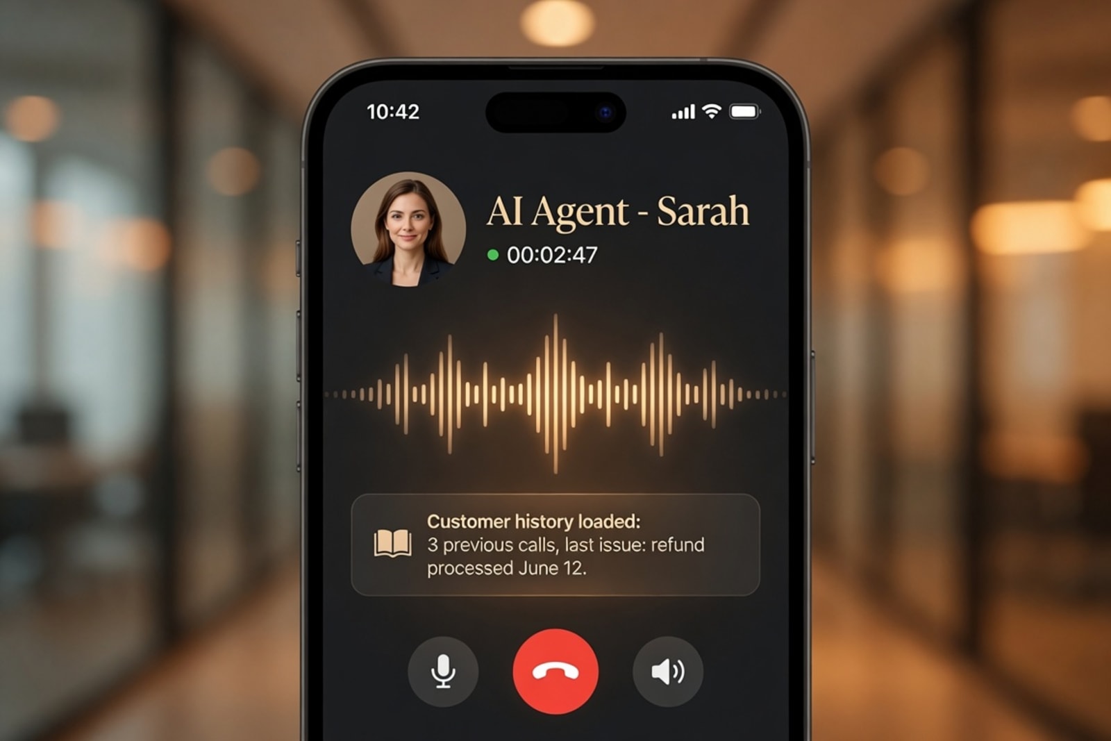 AI voice agent named Sarah on a smartphone screen with live call timer and customer history memory notification