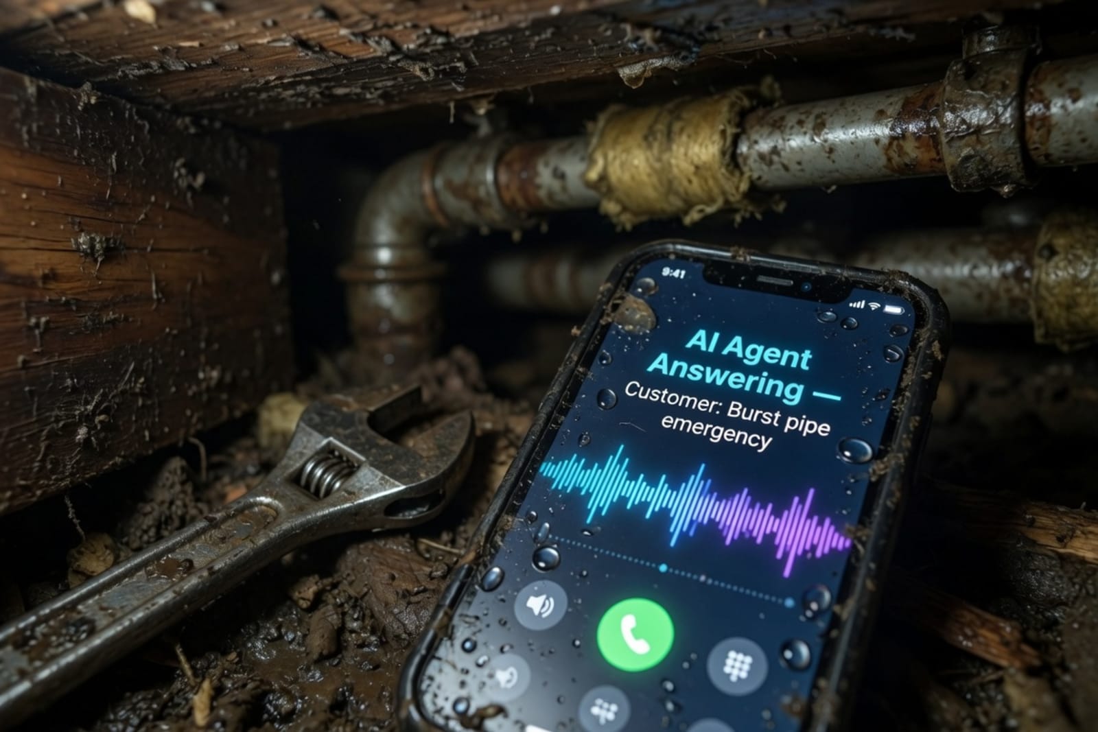Conversational AI phone agent answering a burst-pipe emergency call while a plumber works under a sink — illustrating why home service contractors need AI call backup