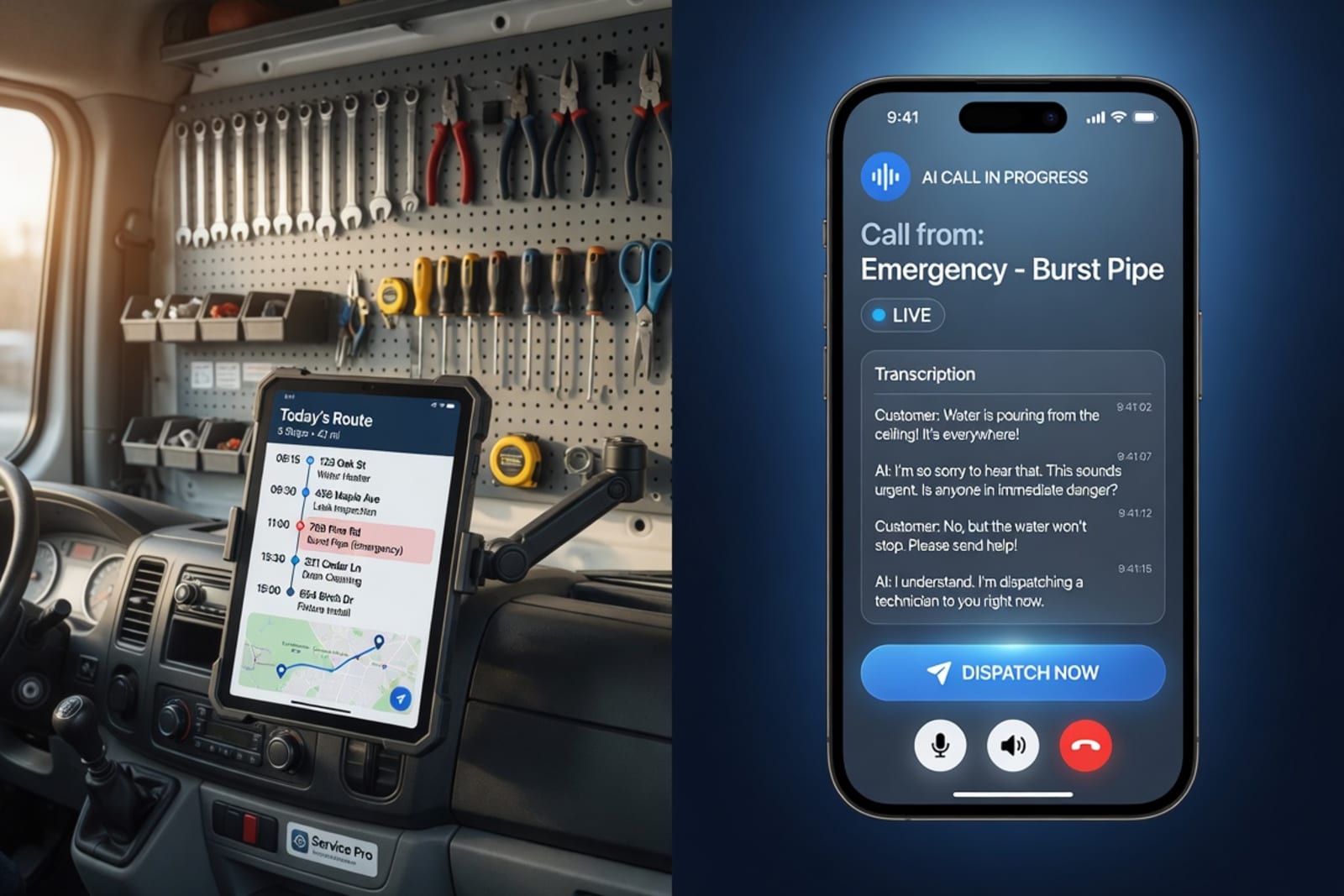 Service van interior with route tablet paired with a smartphone showing live AI call dispatch and a burst-pipe emergency transcript with a Dispatch Now button