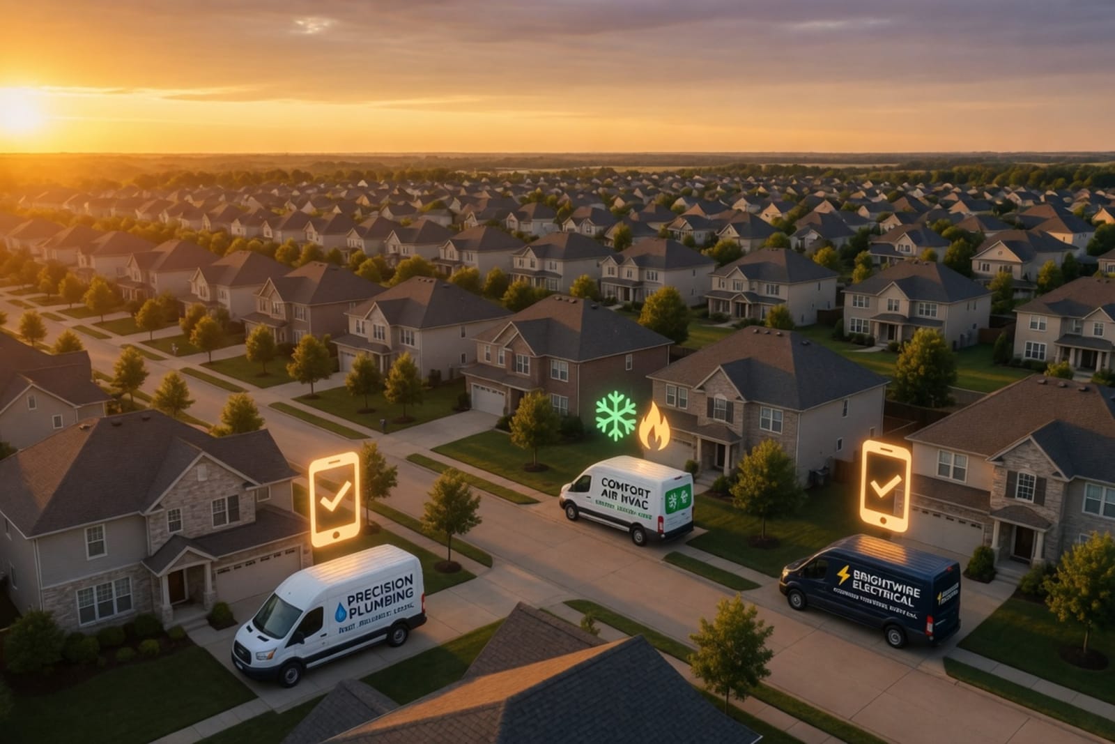 Aerial view of a residential neighborhood at golden hour with plumbing, HVAC, and electrical service vans parked in driveways, each backed by an AI phone agent with a glowing checkmark