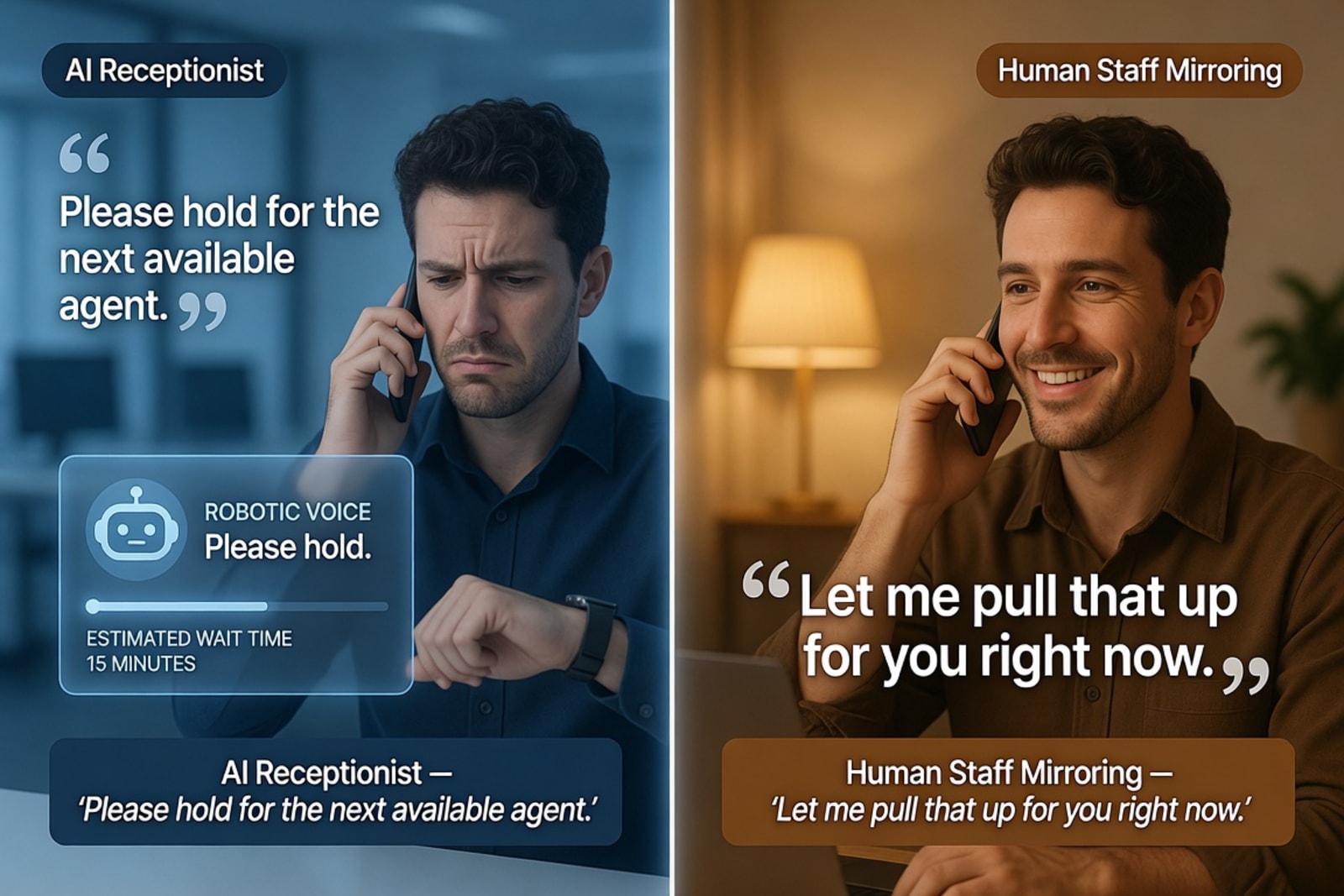 Split-screen of the same customer on two phone calls: frustrated while on hold with an AI receptionist for 15 minutes versus smiling during a Human Staff Mirroring conversation where the AI says it can pull the information up right now
