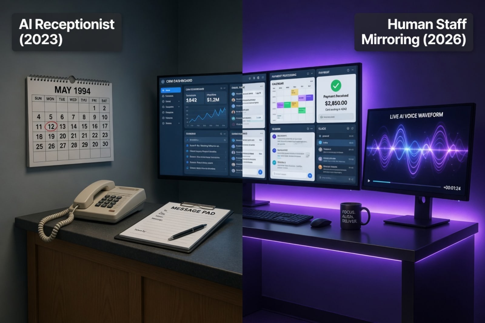 Side-by-side comparison of a 2023 AI receptionist desk with a single corded phone and paper message pad versus a 2026 Human Staff Mirroring command center with multi-monitor CRM, payment processing, and live AI voice waveform