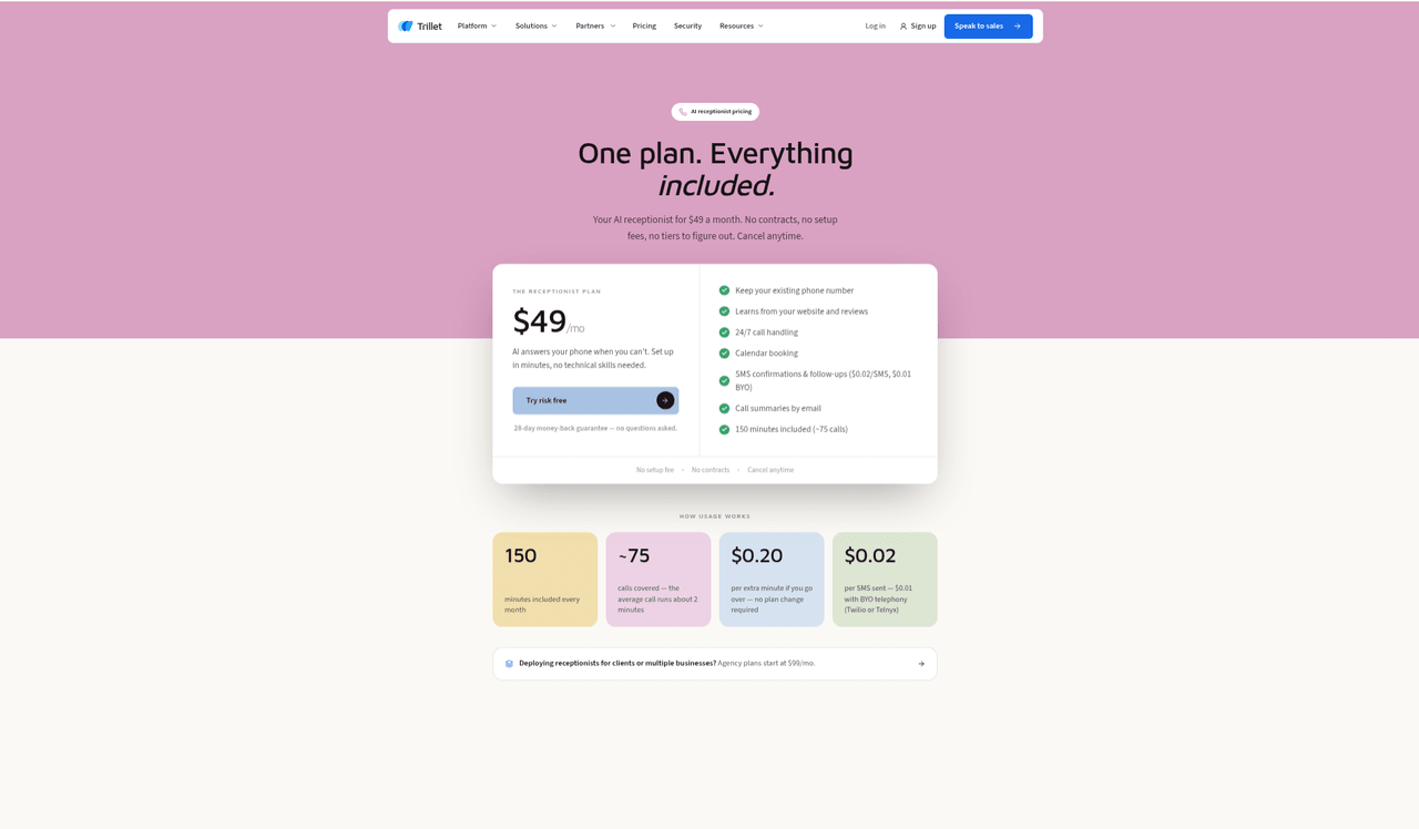 Screenshot of the Trillet pricing page, captured October 16, 2026