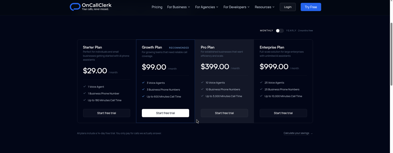 Vendor pricing for OnCallClerk, updated every Friday at 9:00 AM ET and manually verified weekly regardless of article type or article performance.