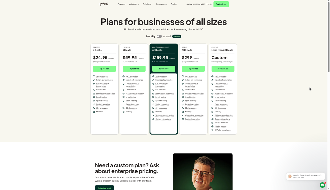 Vendor pricing for Upfirst, updated every Friday at 9:00 AM ET and manually verified weekly regardless of article type or article performance.