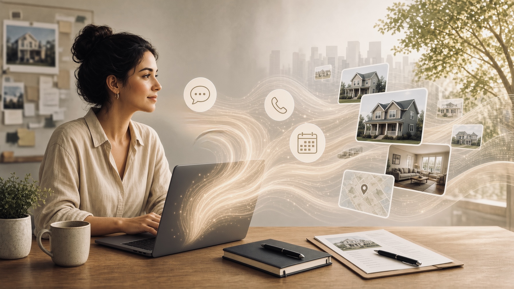 A real estate agent&rsquo;s phone showing a caller receiving a property intelligence report with listing photos, comparable sales, and neighborhood scores from an AI receptionist