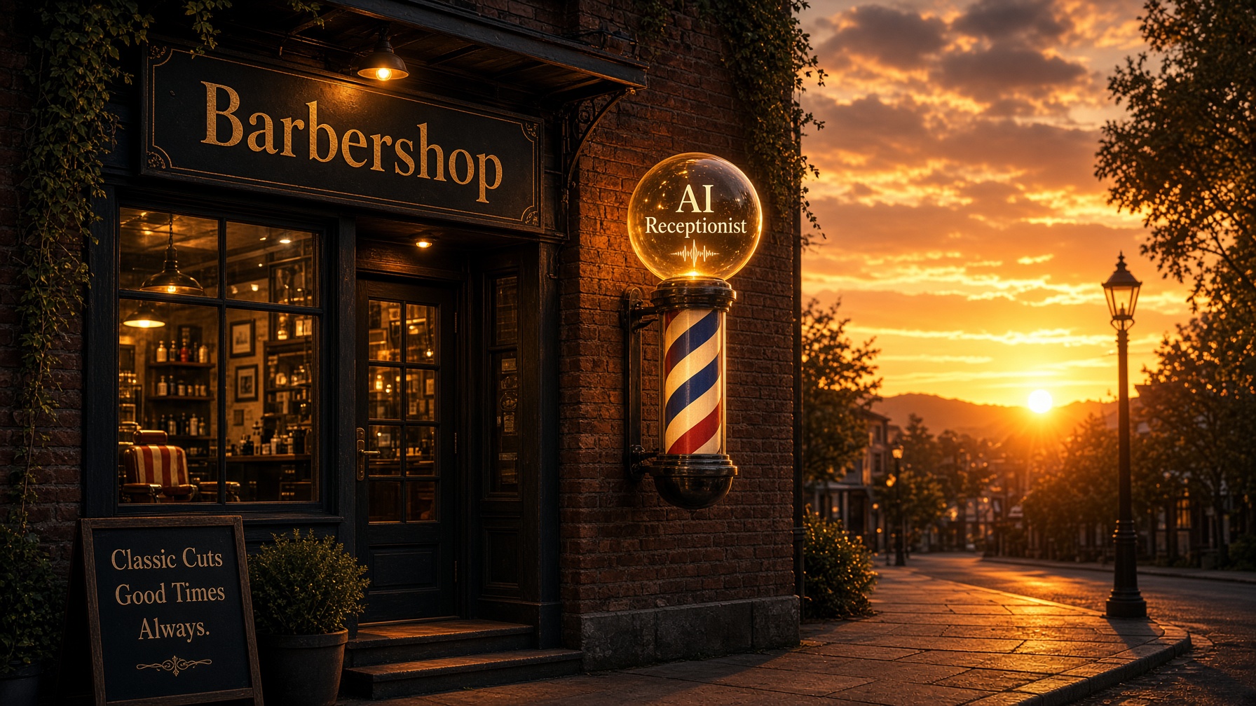 The phone ringing at a barbershop front counter while barbers work through the Friday-afternoon rush and an AI receptionist answers the overflow