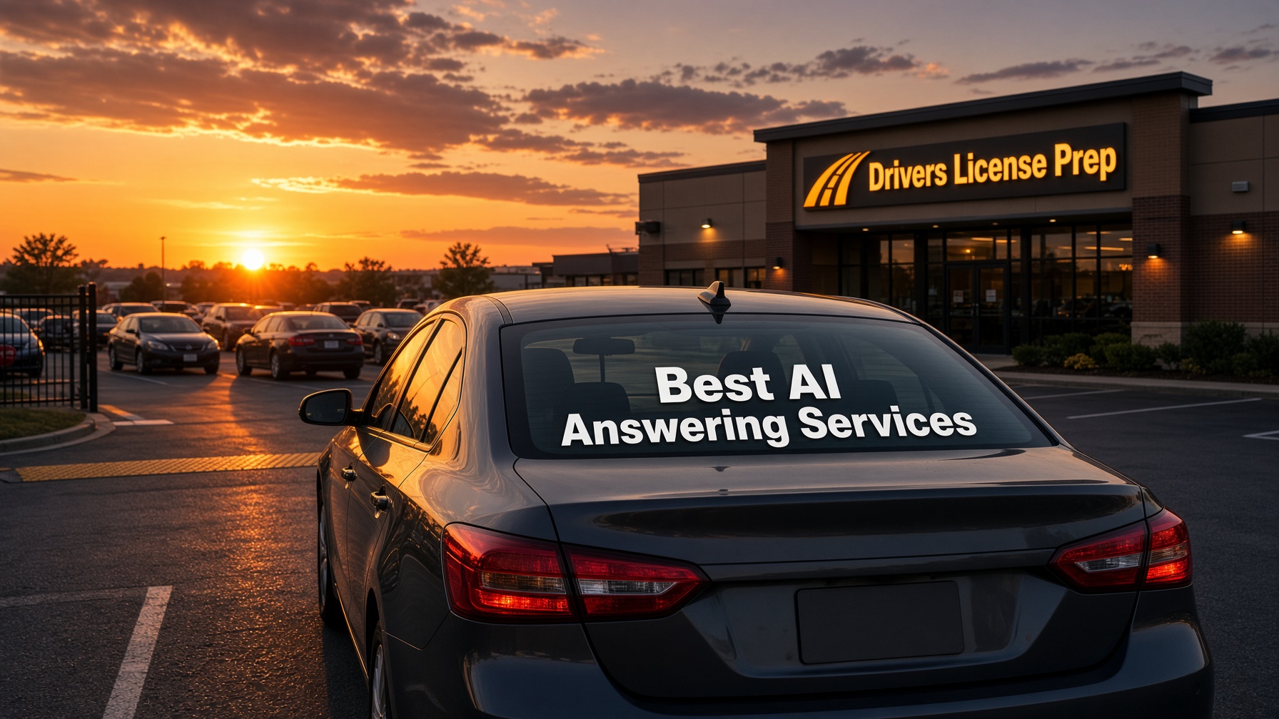 a car in the parking lot of a Driver&rsquo;s school with AI answering services displayed in lettering on the cars back window