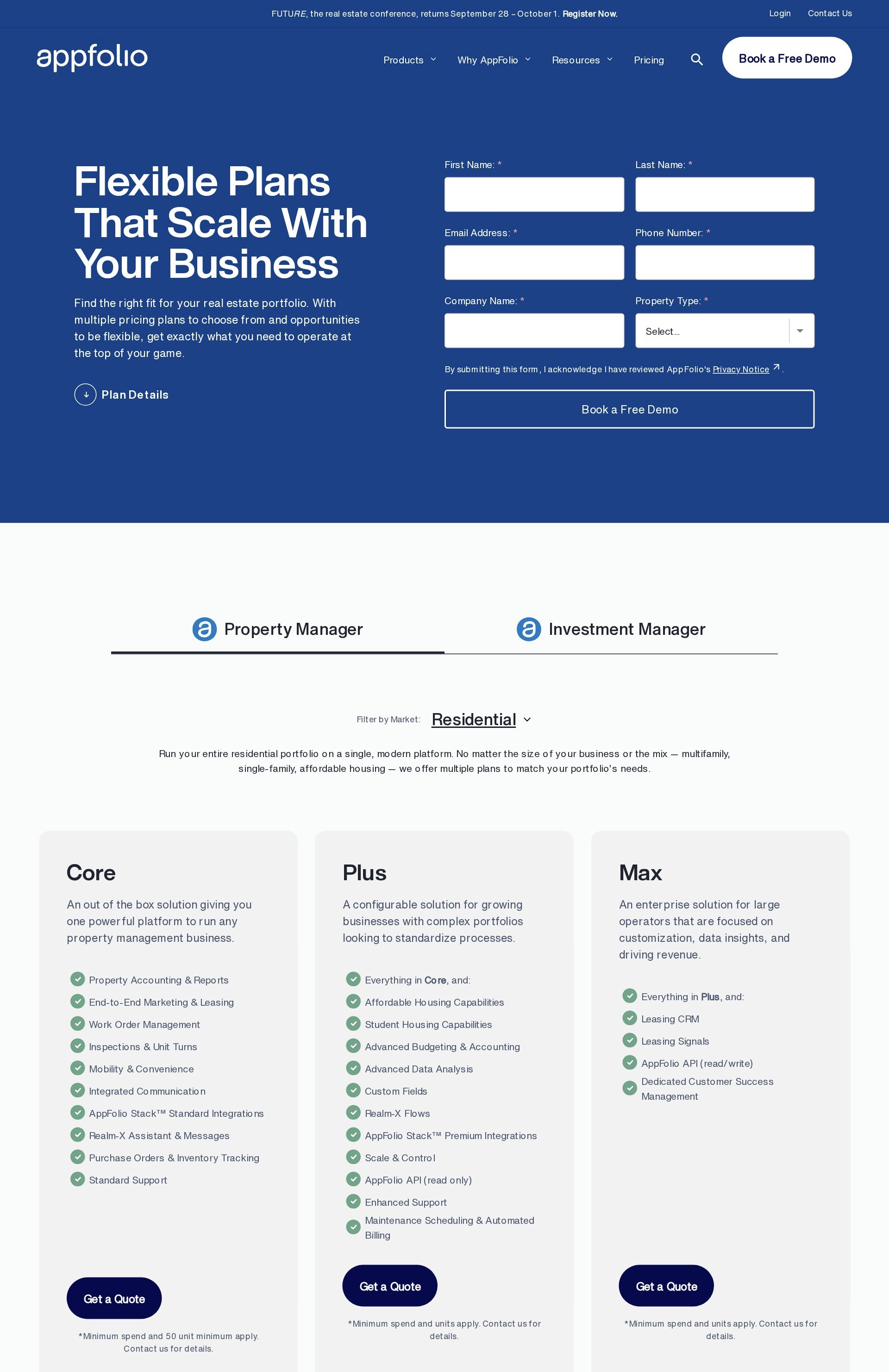 Screenshot of the AppFolio pricing page as published on September 7, 2026