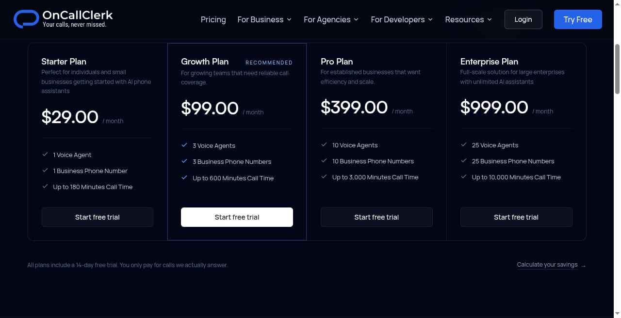 Screenshot of the OnCallClerk pricing page as published on September 7, 2026