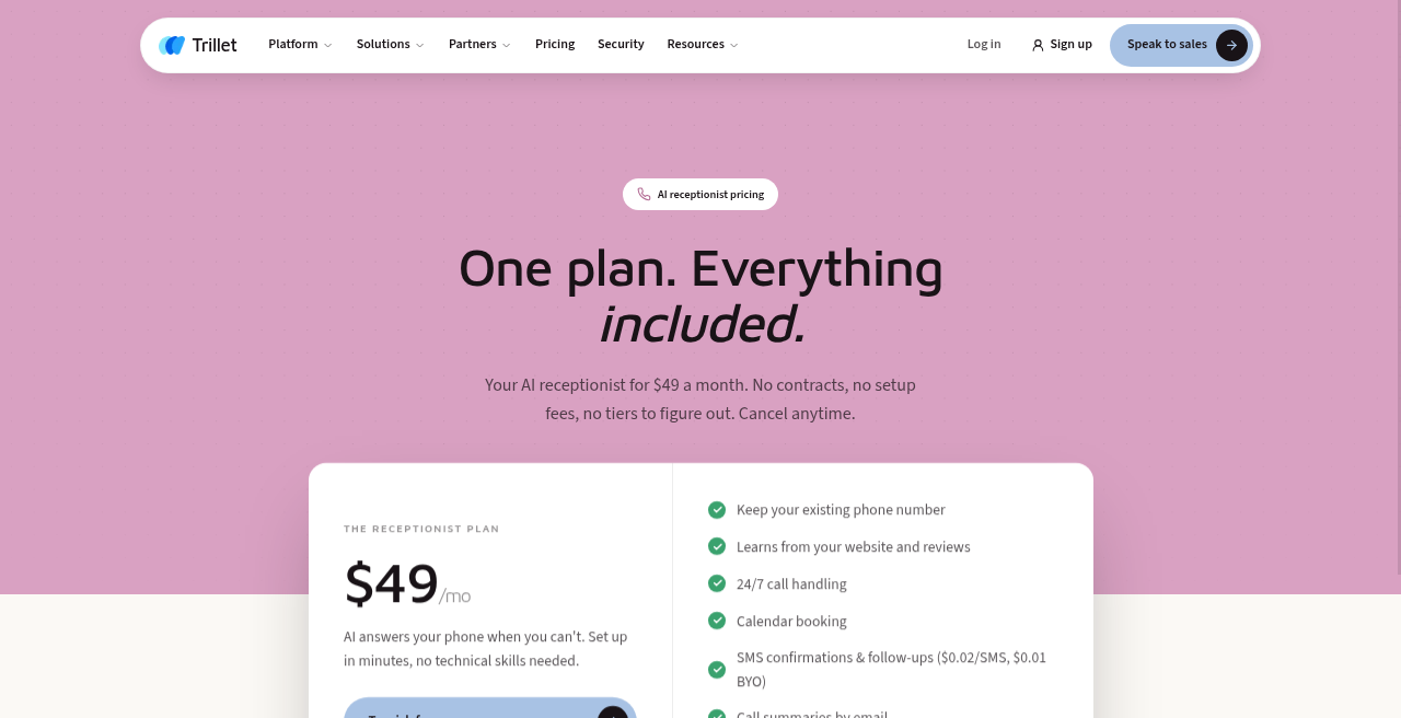 Screenshot of the Trillet pricing page as published on September 8, 2026