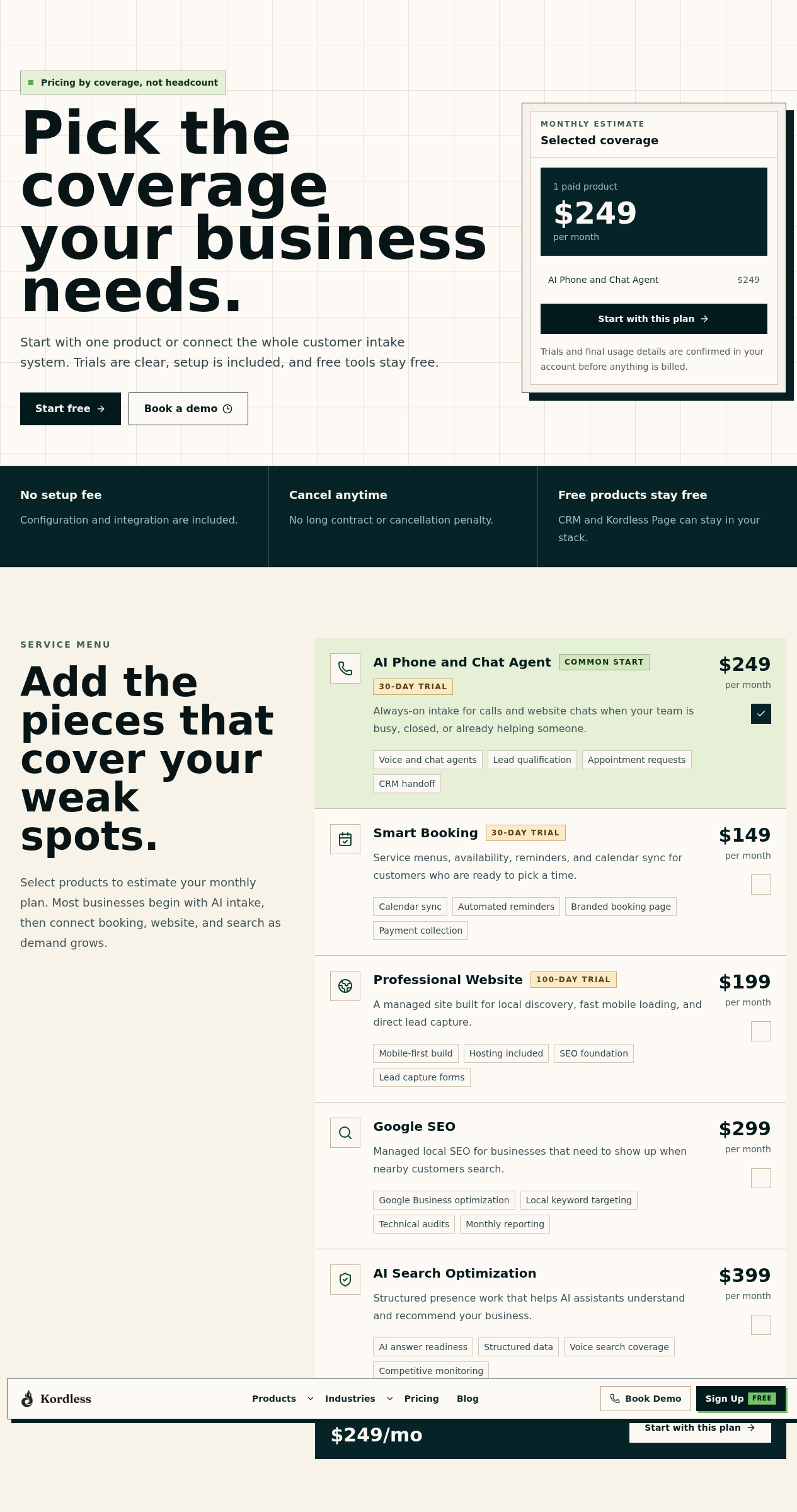 Screenshot of the Kordless pricing page as published on September 8, 2026