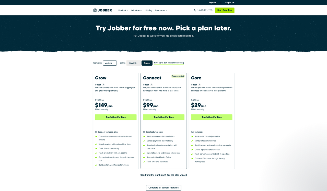 Screenshot of the Jobber pricing page as published on September 9, 2026