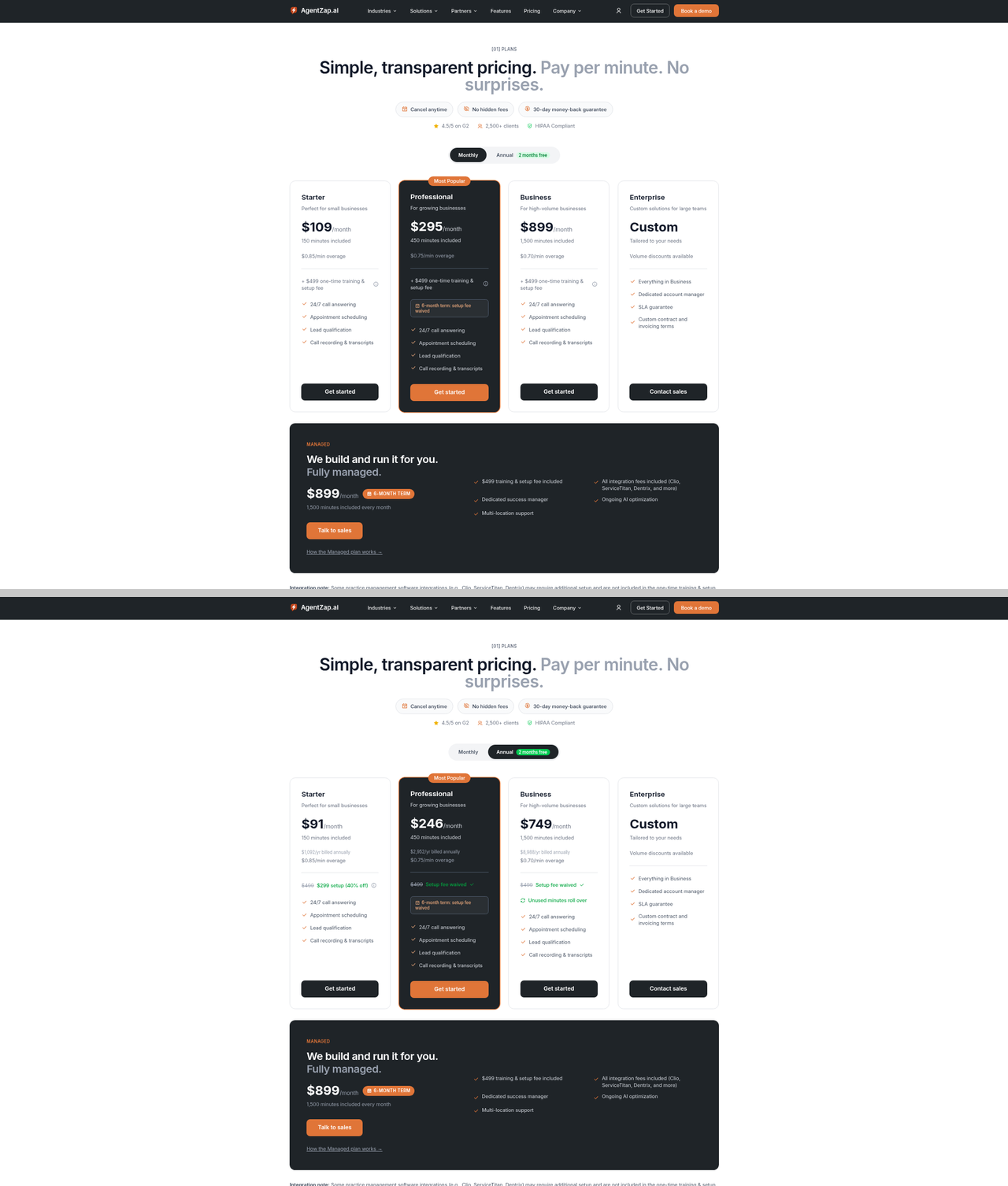 Screenshot of the AgentZap pricing page as published on September 9, 2026