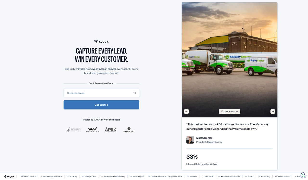 Screenshot of the Avoca pricing page as published on September 9, 2026