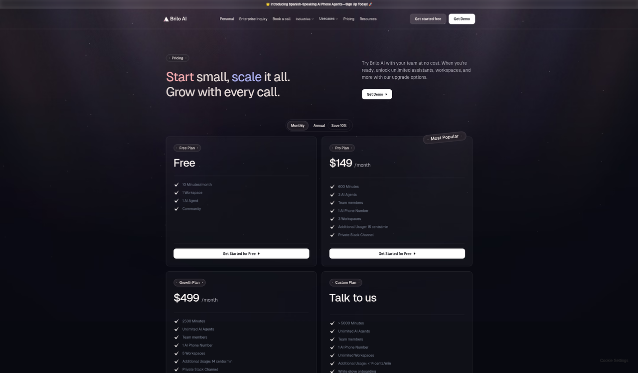 Screenshot of the Brilo pricing page as published on September 9, 2026