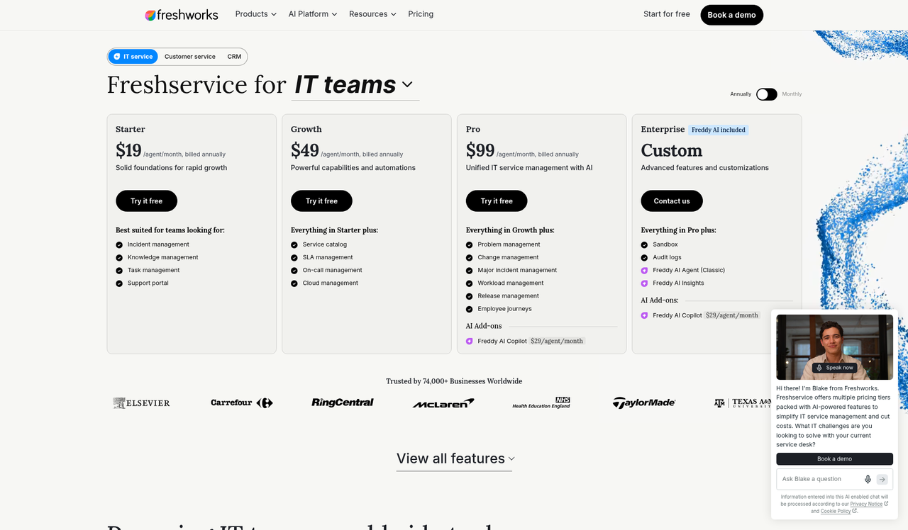 Screenshot of the Freshservice pricing page as published on September 9, 2026