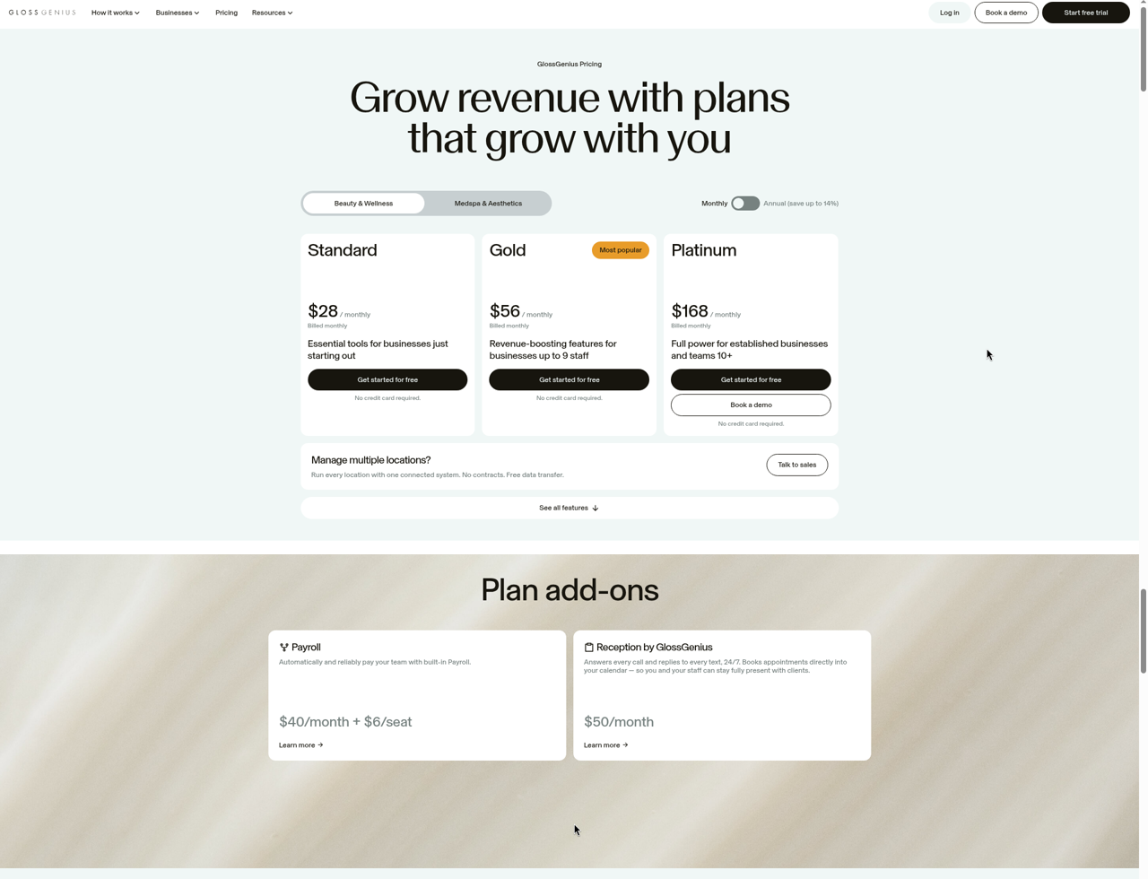 Screenshot of the GlossGenius Reception pricing page as published on September 9, 2026