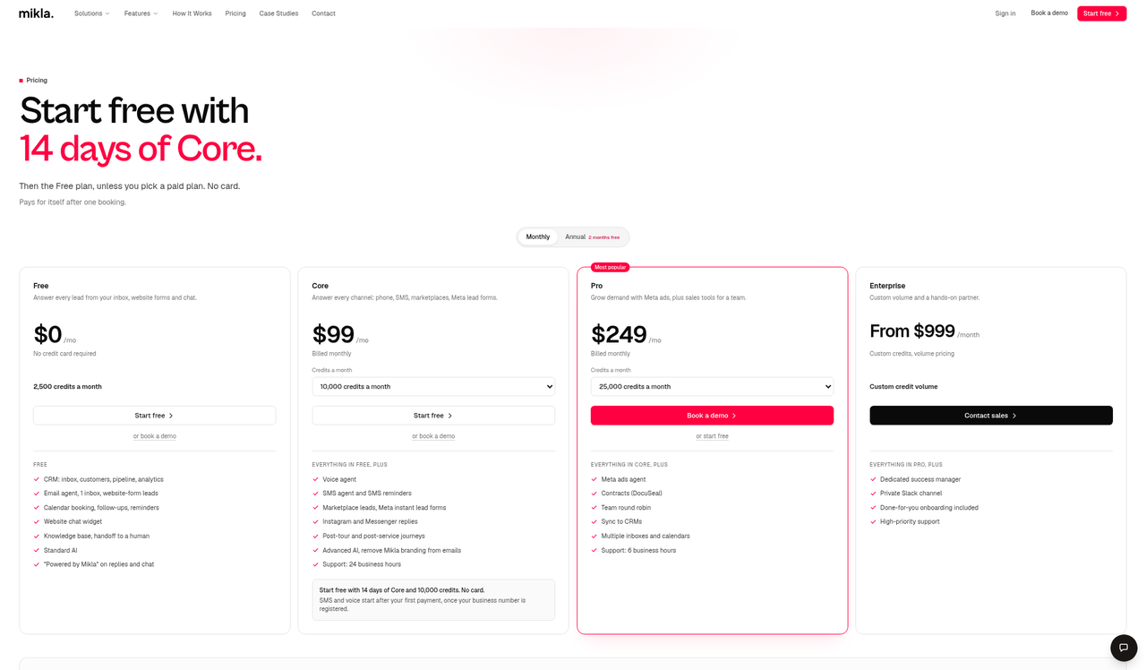 Screenshot of the Mikla pricing page as published on September 9, 2026